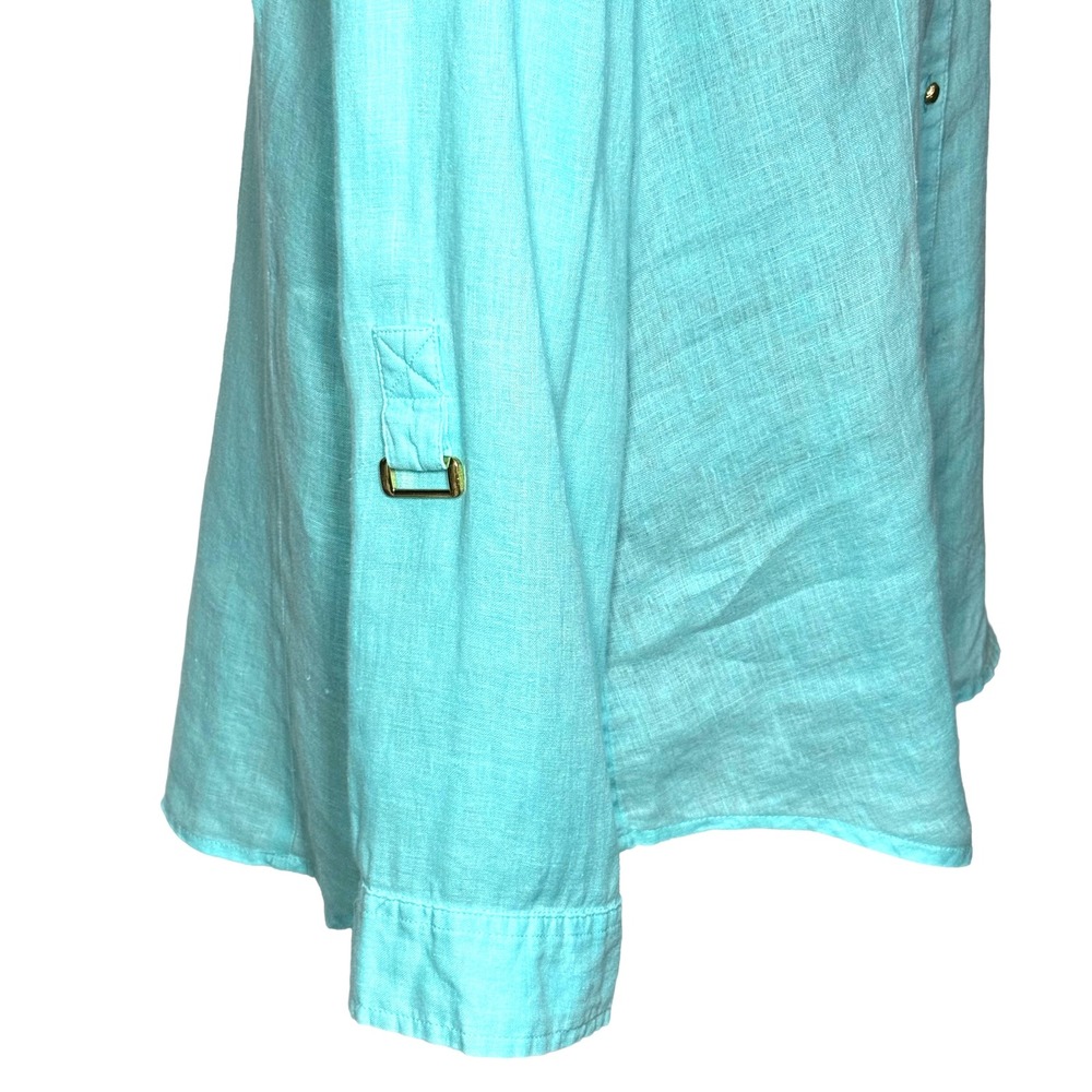 Chicos Womens Turquoise 100% Linen Button Down Roll Tab Shirt Aqua Size 1 Medium - Picture 4 of 10